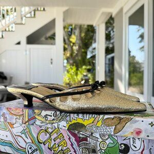 New Jeffrey Campbell Solitude Pointed Kitten Heels Mules Gold Black Womens 6.5